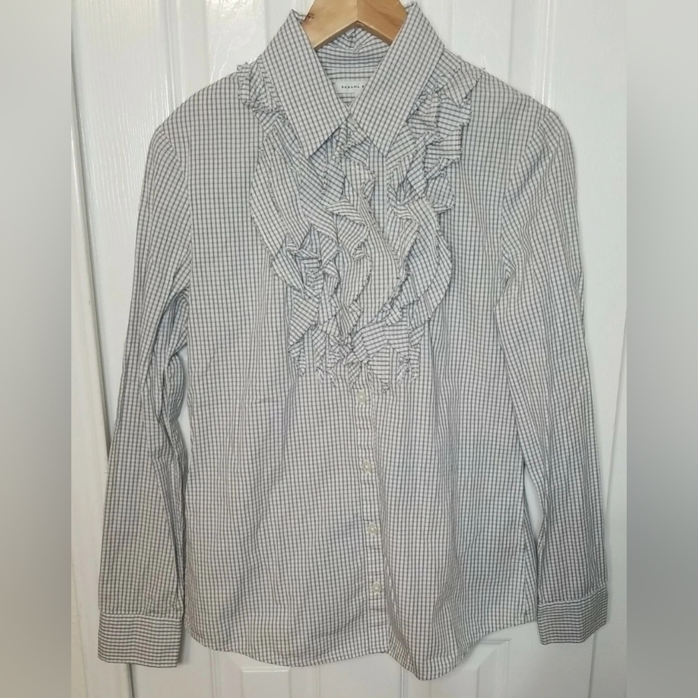 Banana Republic Women's Gray Check Ruffle Collar Long Sleeve Button Shirt Size M
